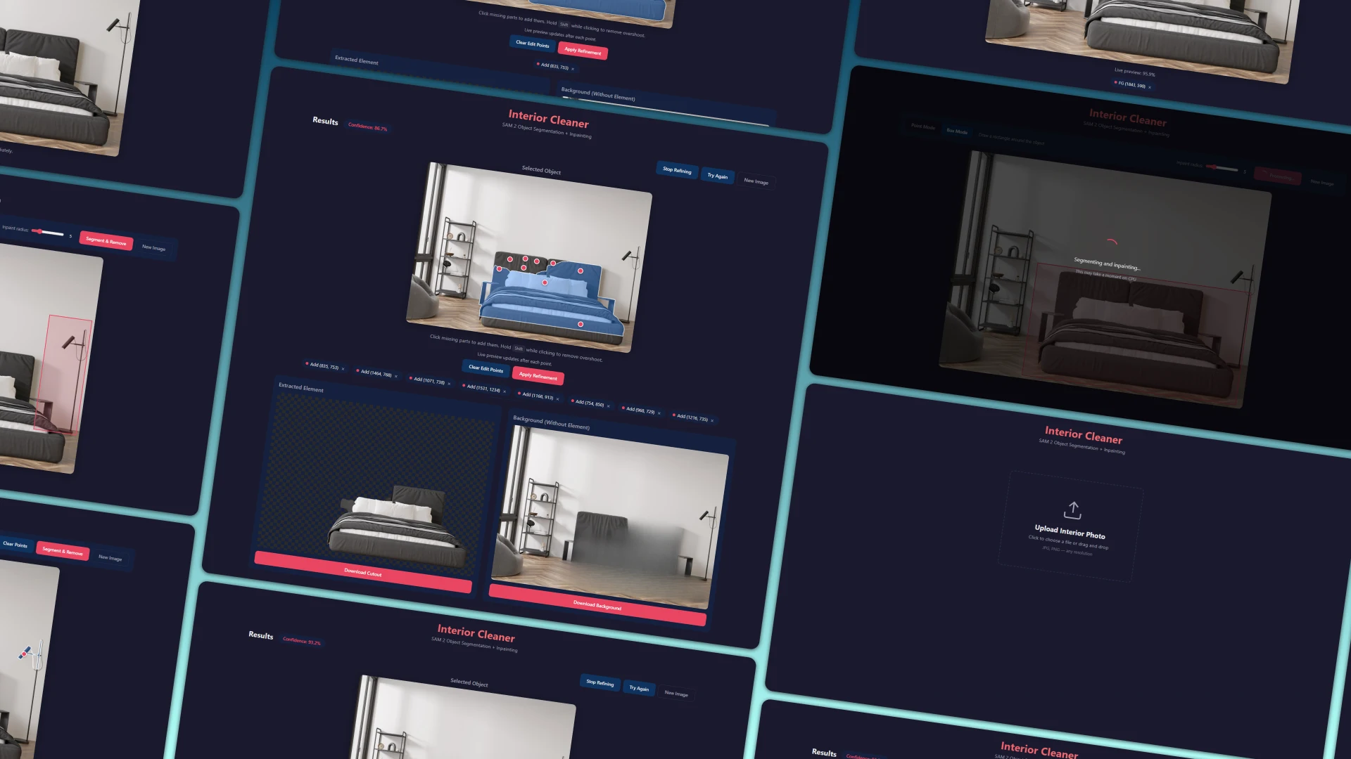 AI image segmentation SAM2 + LaMa – object removal interface