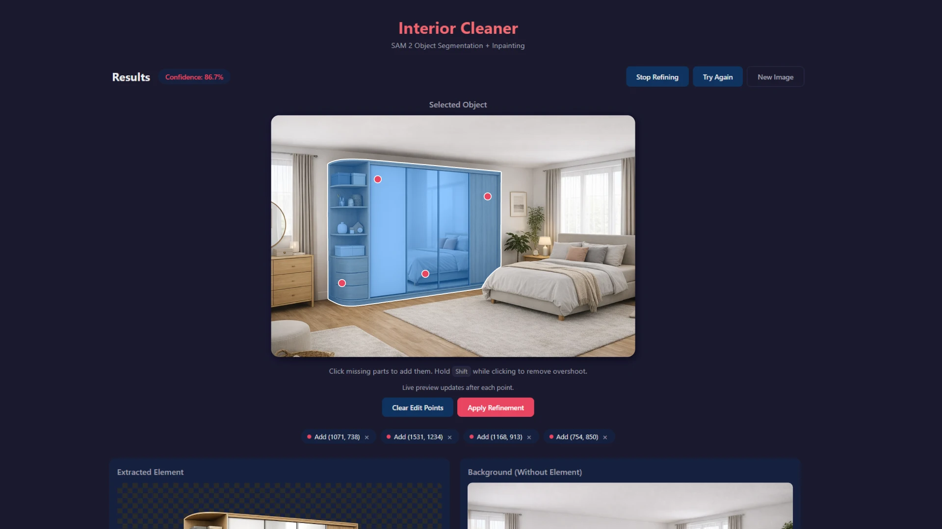 Интерфейс уточнения сегментации – редактирование маски