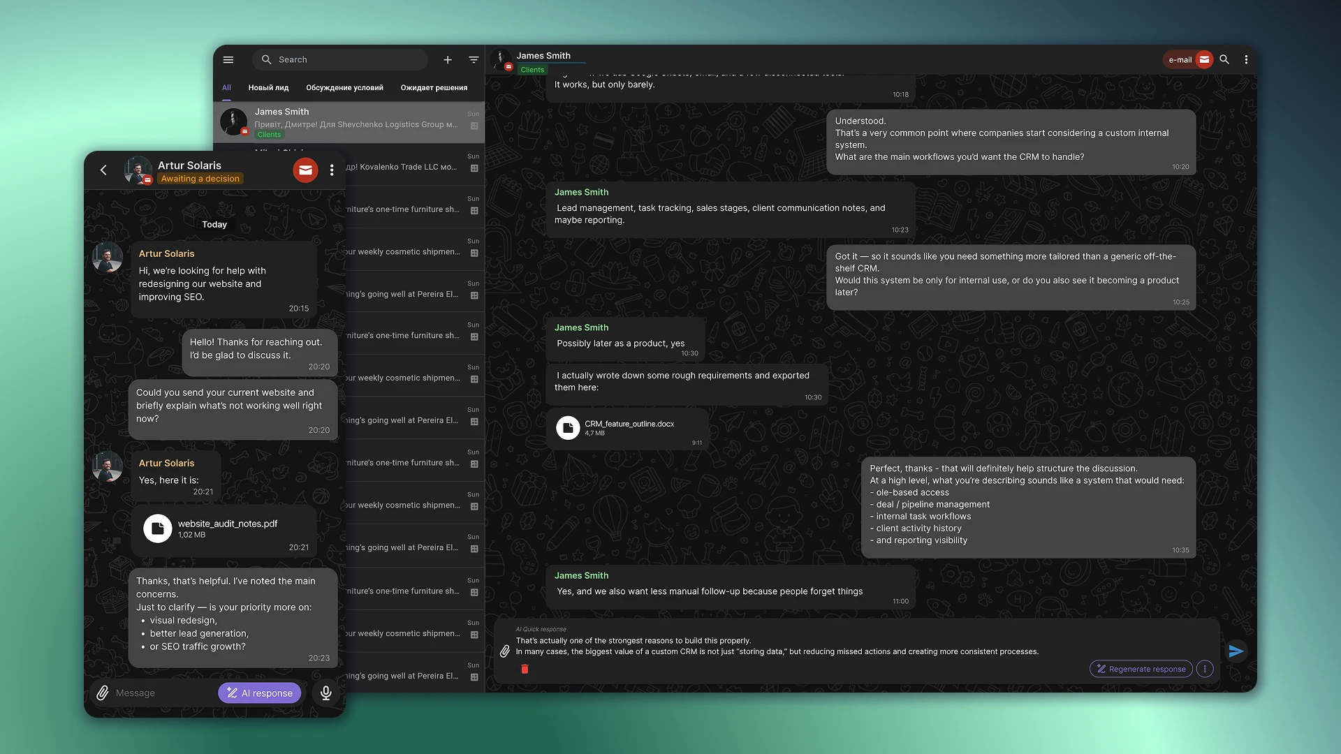 Інтерфейс CRM із кнопкою AI-відповіді для автоматизації комунікації з лідами