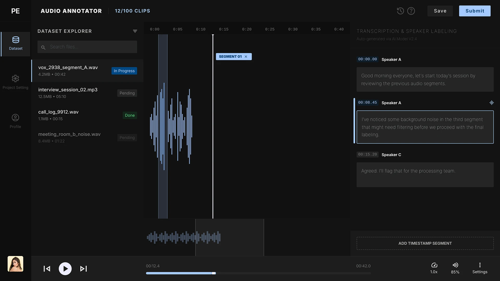 Інтерфейс транскрибації аудіо з розміткою мовлення та визначенням розмовляючих