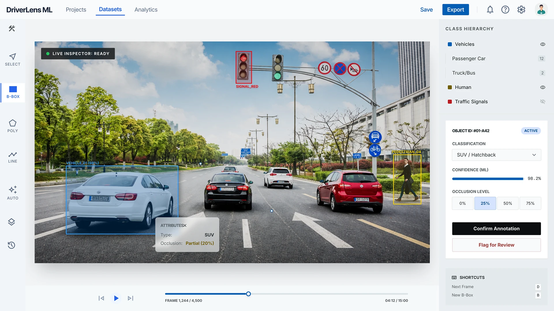 Інтерфейс розмітки об'єктів для автономного водіння з bounding boxes та сегментацією