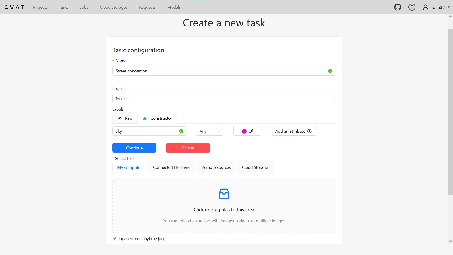 Экран настройки задачи CVAT, отображающий выбор проекта, конфигурацию меток и загрузку изображений для рабочего процесса визуальной сегментации и аннотирования данных