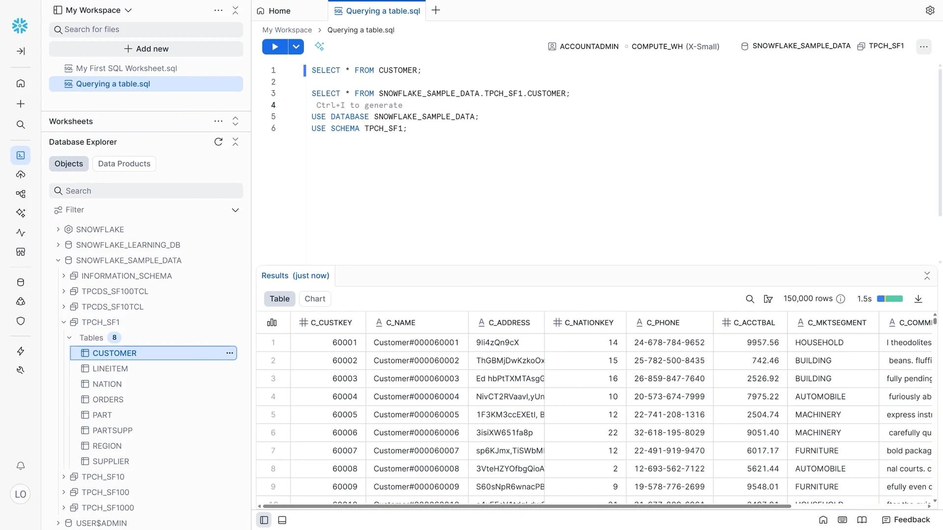 Интерфейс запросов к хранилищу данных в Snowflake с редактором SQL, обозревателем таблиц и структурированными результатами запросов для рабочих процессов аналитики.