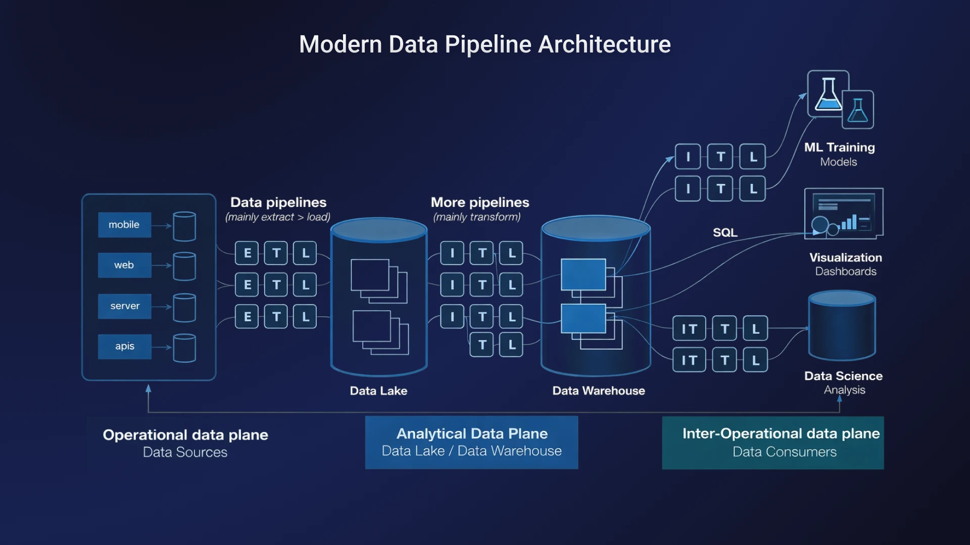 Сучасна архітектурна схема конвеєра даних, що показує робочі процеси ETL від оперативних джерел даних до озера даних, сховища даних, аналітики та машинного навчання.