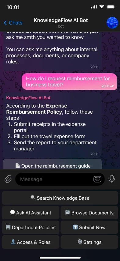 AI Telegram бот для внутрішньої бази знань