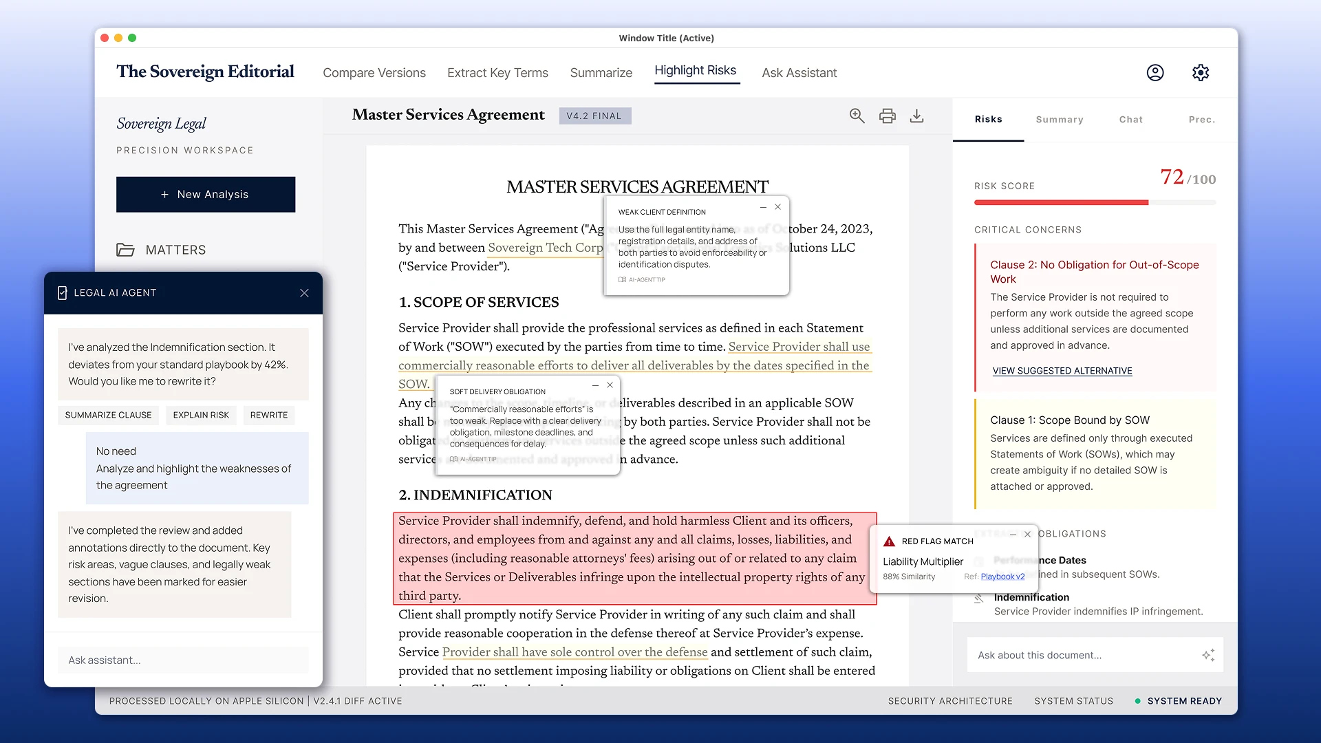 A local AI assistant for legal contract analysis on Mac Mini, highlighting risks and vulnerabilities.